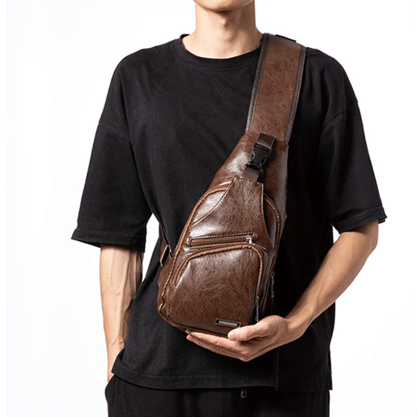Casual Vintage Sling Bag Shoulder Messenger Crossbody Pack with USB Charge Port and Earphone Hole Coffee-1468