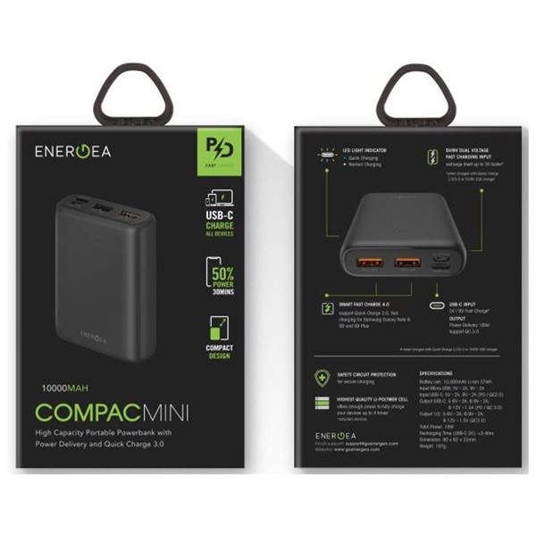 Energea Compac CPPQ1201-BLK USB-c PD 10000mah Power Bank Smart Fast Charge Black-1170