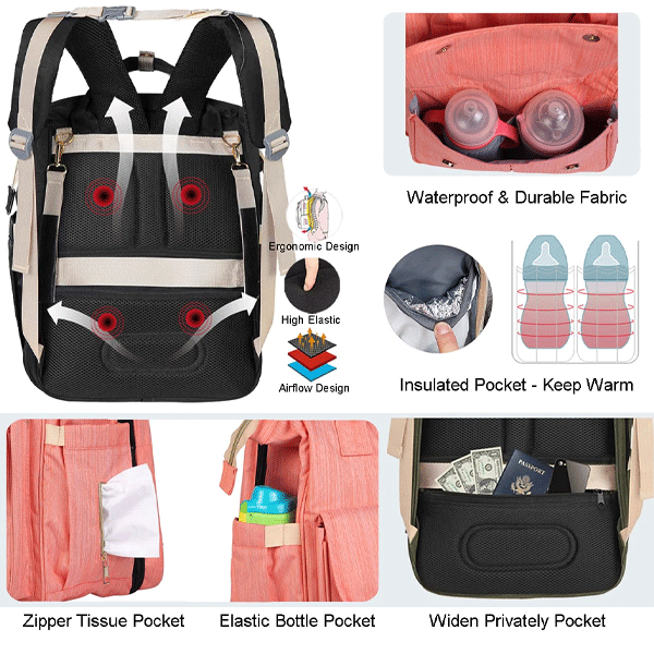 2 in 1 Multifunctional Baby Diaper Bag Backpack Orange GM276-5-o-9713
