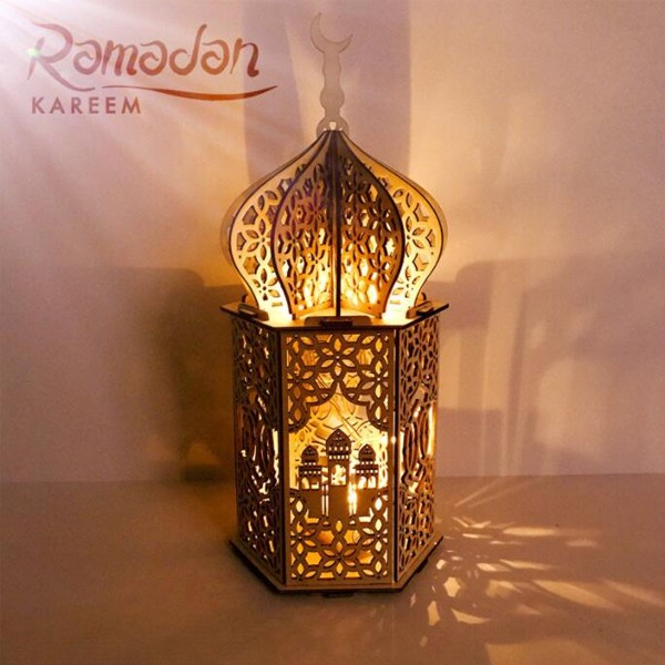 Ramadan Vibes Six Sided Wooden Lamp 35*15*15cm-5498