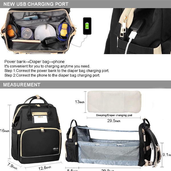 2 in 1 Multifunctional Baby Diaper Bag Backpack Black GM276-5-bl-9718