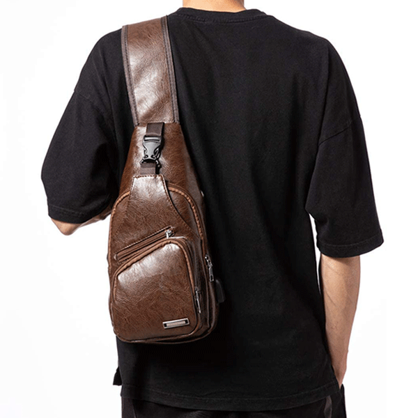 Casual Vintage Sling Bag Shoulder Messenger Crossbody Pack with USB Charge Port and Earphone Hole Coffee-1470