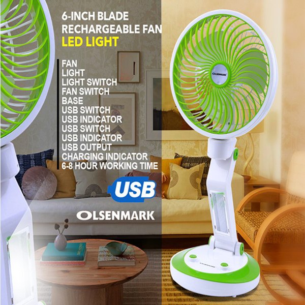 Olsenmark OMF1735 Rechargeable Fan With LED Light And USB Charging-2962
