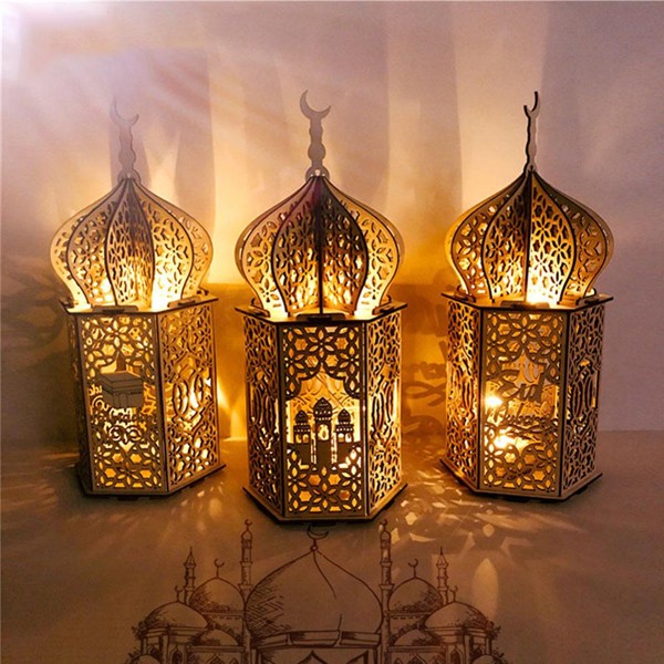 Ramadan Vibes Six Sided Wooden Lamp 35*15*15cm-5500