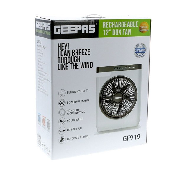 Geepas GF919 12-Inch Rechargeable Box Fan 2 Speed Settings With Led Light, Solar Input, Usb Output-487