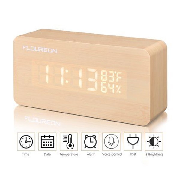 Wooden Finish Led Digital Clock High Quality Voice Control Multi Color Temperature-50