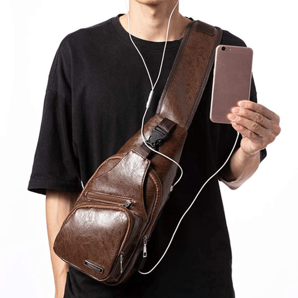 Casual Vintage Sling Bag Shoulder Messenger Crossbody Pack with USB Charge Port and Earphone Hole Coffee-1467
