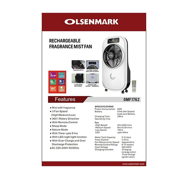 Olsenmark OMF1762 Rechargeable Emergency Fragrance Mist Fan-3061