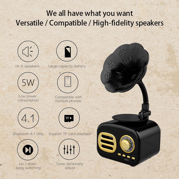 Mini Portable Wireless Audio Wood Speaker Retro Large Volume Gramophone -7578