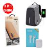 3 IN 1 Combo Anti Theft Shoulder Backpack With i11 Twin Bluetooth Headset with Charging Case And Power Bank YT-0601