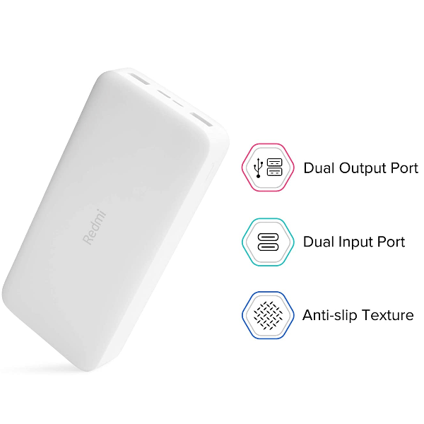 Xiaomi Redmi 20000mAh 18W Fast Charging Li-Polymer Power Bank USB Type C and Micro USB Ports, White-2749