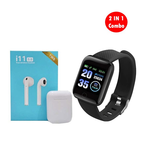 2 IN 1 Combo Smart Bracelet With i11 Twin Bluetooth Headset with Charging Case