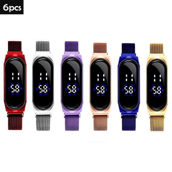 6 Pcs Colourful Magnetic Strap LED Ladies Wrist Watch