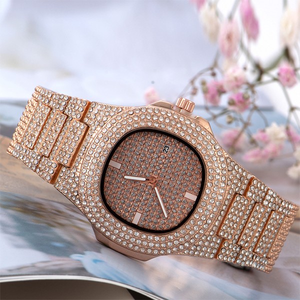 Signature Collections Luxury Style Statement Iced Out Bling Quartz Watch, Rose Gold