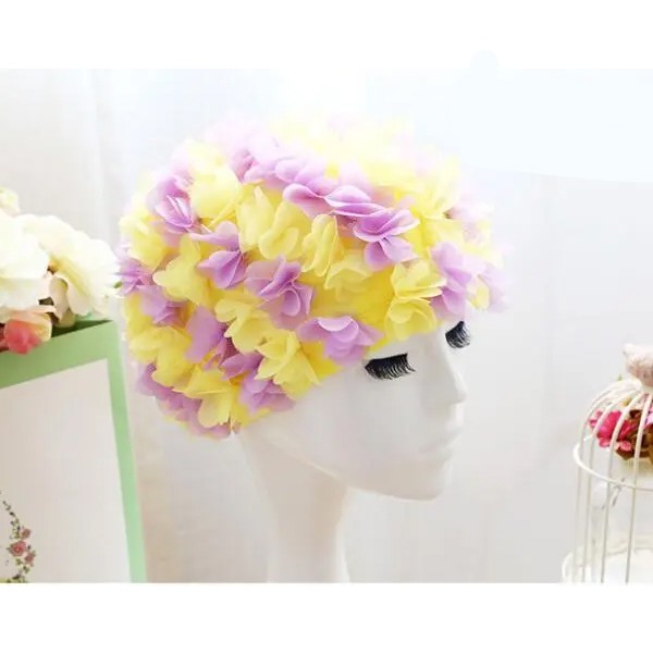 Womens Long Hair Flower Swimming Cap Yellow And Purple
