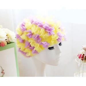 Womens Long Hair Flower Swimming Cap Yellow And Purple-HV