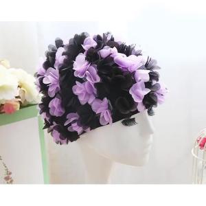 Womens Long Hair Flower Swimming Cap Black And Purple-HV