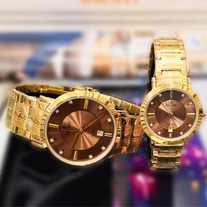 Galaxy Stainless steel Stylish Couple Watch, Gold/Brown-HV