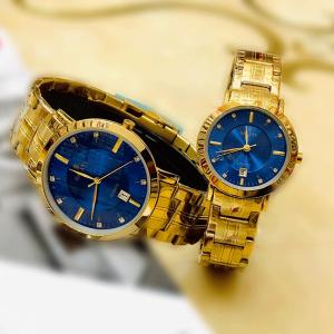 Galaxy Stainless steel Stylish Couple Watch, Gold/Blue-HV