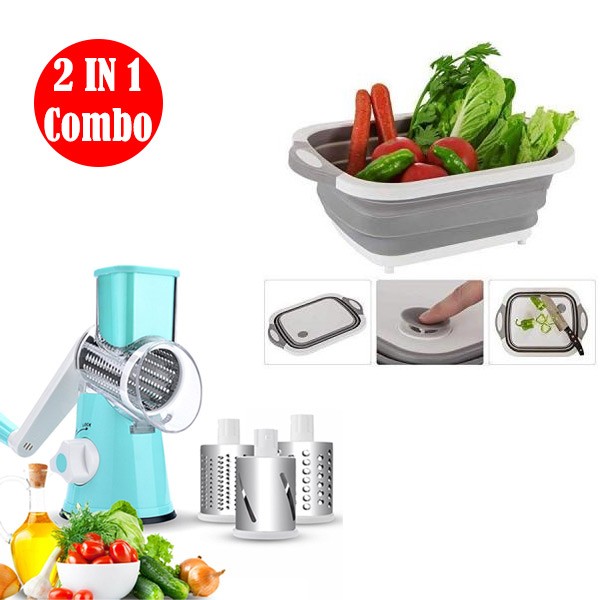 2 IN 1 Combo Home Care Stainless Steel 3 blade vegetable Slicer and Chopper With Home care 3 in 1 Collapsable Cutting board, Dish wash and Drain sink storage