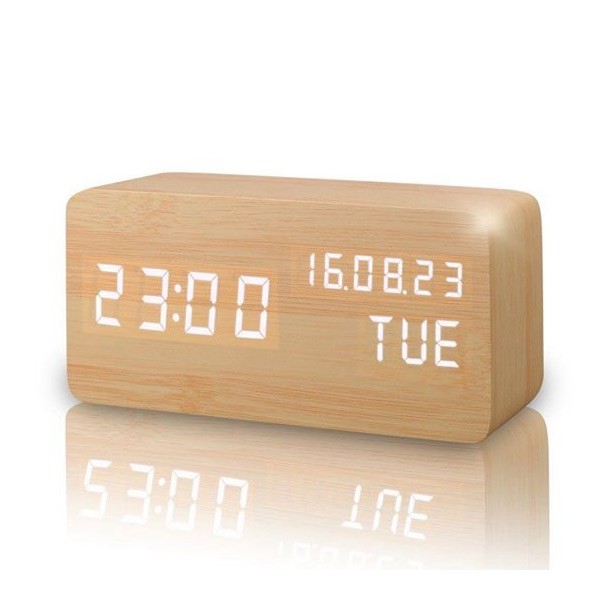 Wooden Finish Led Digital Clock High Quality Voice Control Multi Color Temperature