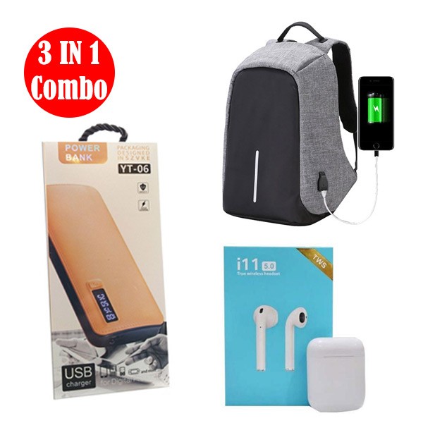 3 IN 1 Combo Anti Theft Shoulder Backpack With i11 Twin Bluetooth Headset with Charging Case And Power Bank YT-06