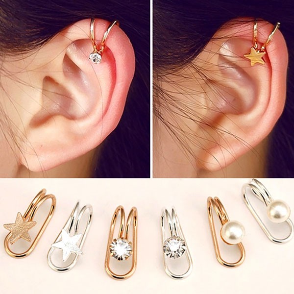 Cute U Ear Cuffs Star Moon Earring Punk Minimalist Women Silver Metal Buckle Fake Piercing Ear Clip