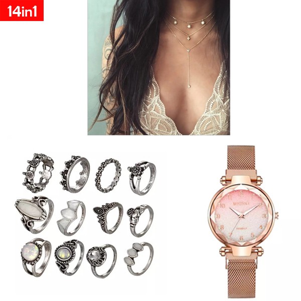 SIGNATURE COLLECTIONS 14 In 1 Bohemian Style Multi Layered Necklace Pearl Rings and Watch