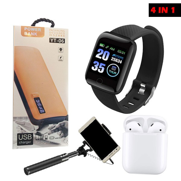 4 IN 1 Combo i11 Bluetooth Earbuds With Selfie Stick, Smart Bracelet And Power Bank YT-06