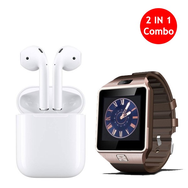 2 in 1 Bundle Offer Twin Bluetooth Headset With DZ09 Smart Watch