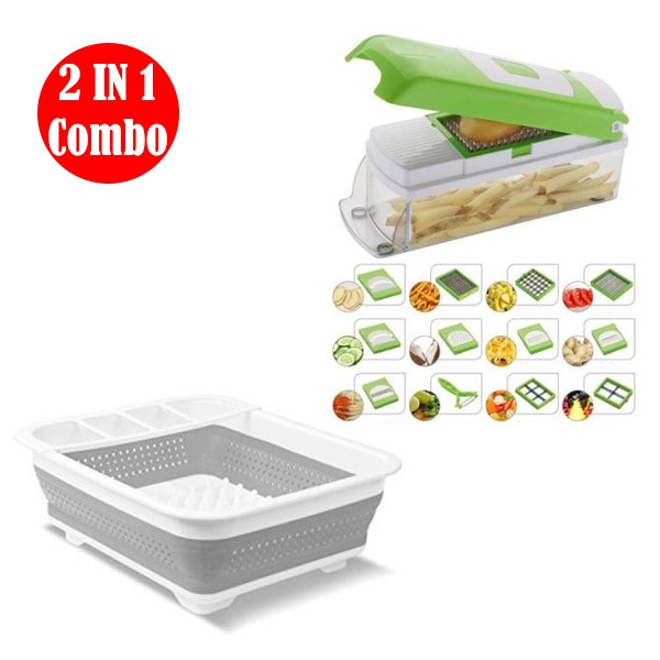 2 IN 1 combo Collapsible Dish Drainer with Draining Board And Home Care All in 1 vegetable and salad cutting tool